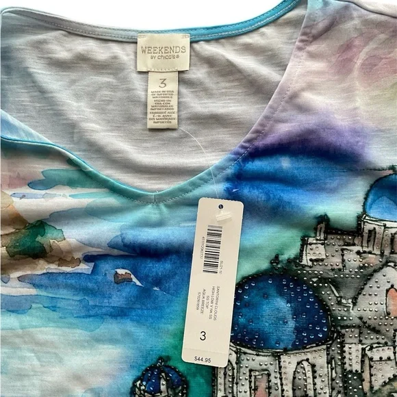 Chico’s Santorini High/Low V-neck Short Sleeve Watercolor Top - Size 3 (US 16) - Picture 3 of 9